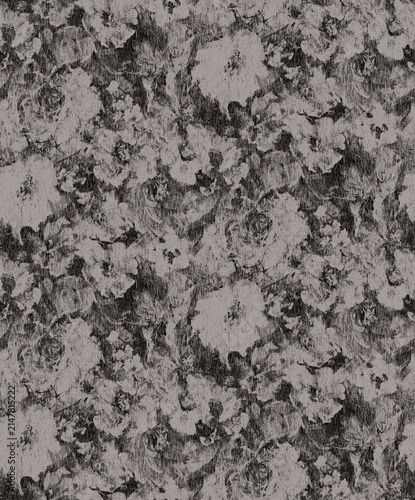 Seamless abstract background featuring a sophisticated botanical pattern with large floral silhouettes over a greige and black distressed texture