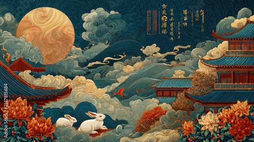 Mid-Autumn festival illustration with full moon, white rabbits, and traditional Chinese architecture.