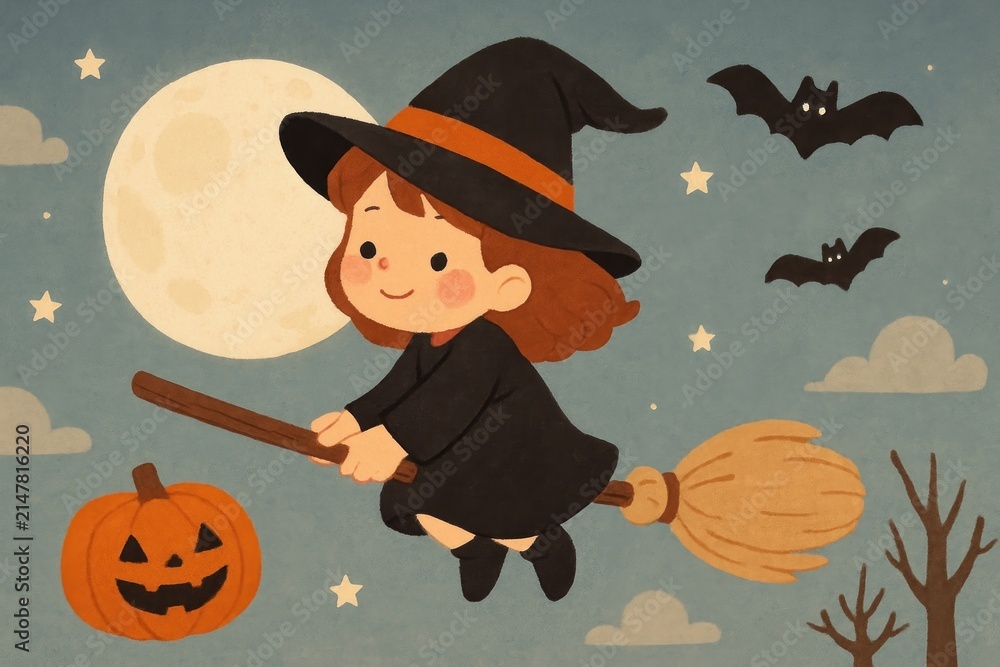 Fototapeta premium Cute witch flying broomstick illustration.