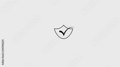 Minimalist black shield icon with checkmark symbol on light grey background representing security protection and verified safety.