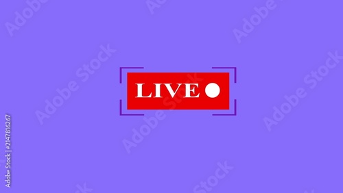 Red live streaming banner with white text and recording dot icon isolated on solid purple background for broadcasting.