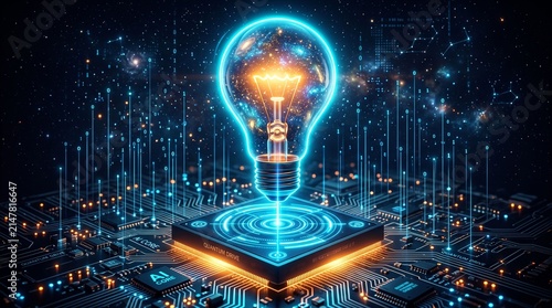 Quantum AI Processor with Glowing Light Bulb Representing Future Innovation and Digital Intelligence