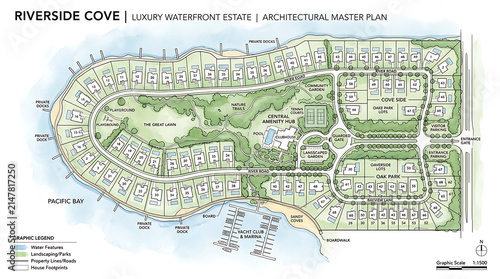 Luxury Waterfront Estate Architectural Master Plan Watercolor Layout Vector with Private Marina, Coastal Villas, and Landscaped Gardens