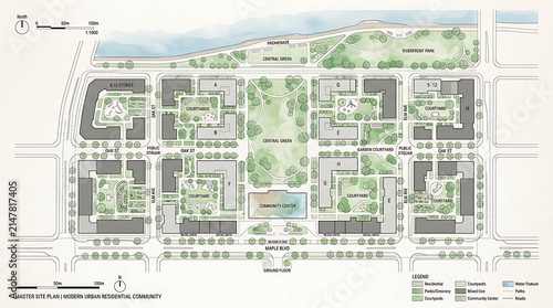 Coastal Residential Master Plan Watercolor Site Layout Vector Featuring Multi Family Housing Complexes, Swimming Pools, and Green Parks