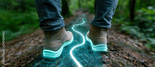 Perspective of hiking footwear on a scenic trail featuring augmented reality enhancements