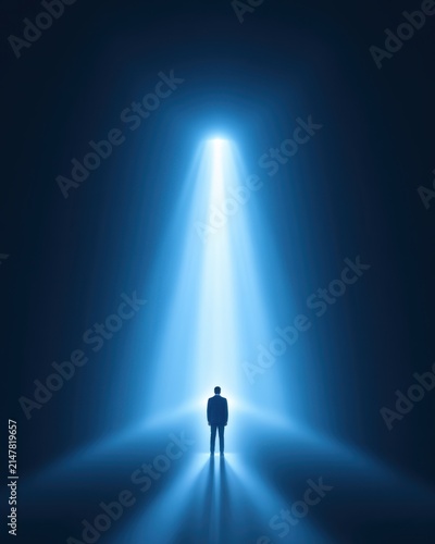 Confident business professional standing proudly in a focused light beam symbolizing success and ambition
