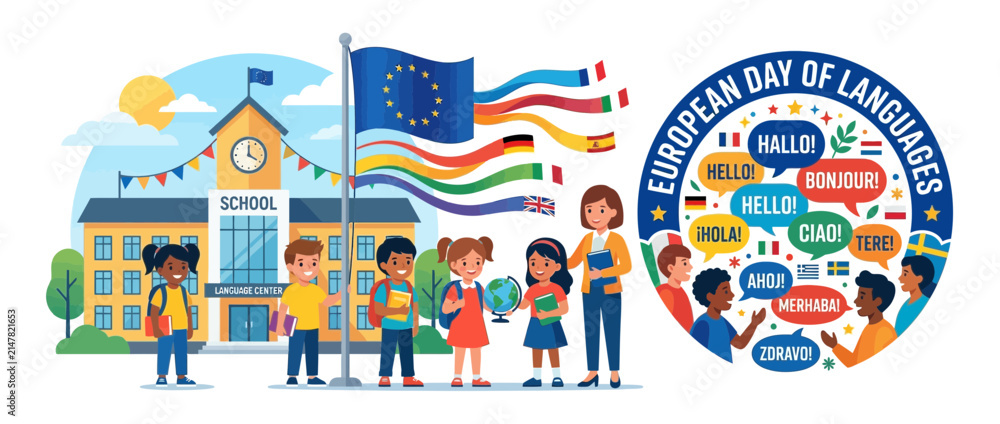 Naklejka premium Diverse Students Celebrate Languages at School with Flags