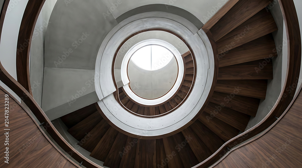 Fototapeta premium Elegant Spiral Staircase: A modern spiral staircase with dark wood treads and concrete walls curves gracefully upwards, leading to an unseen destination.