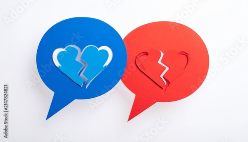 Speech bubble icons with broken hearts in alternating red and blue, symbolizing heartbreak, communication, and emotional expression.