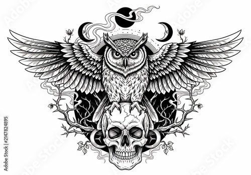 Intricate Line Art: Owl of Wisdom Perched on a Skull, Celestial Phases Above