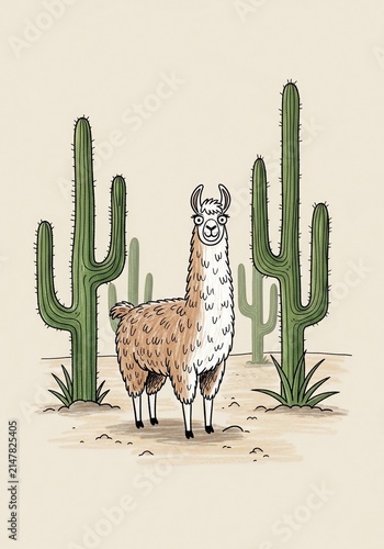 Desert Drollery: A Llama's Gaze Among Cacti