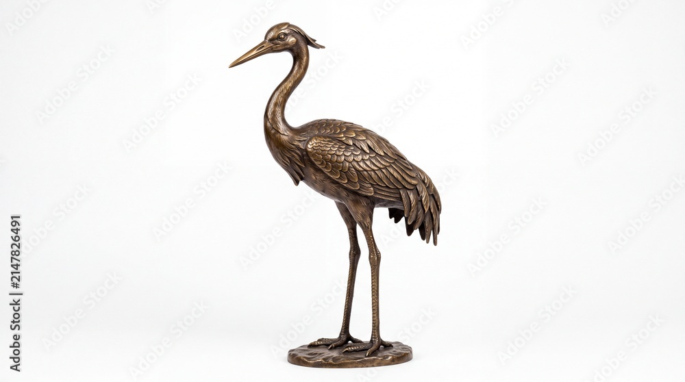 Obraz premium Elegant bronze crane sculpture showing intricate metal feathers standing tall in a studio on white background