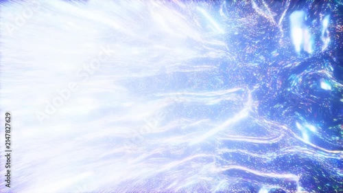 Luminous white surge expanding into iridescent sparkle field with holographic ribbons and prismatic glow, creating bright abstract transition with flowing color, shimmer, and soft light