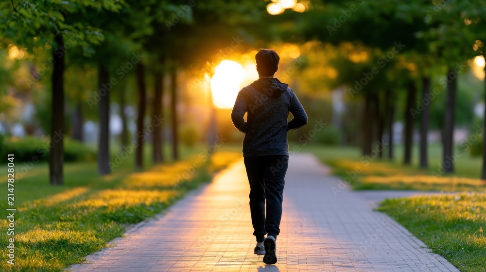Obraz premium Man jogs on a tree-lined path during sunset, bathed in golden light, amidst a serene park setting
