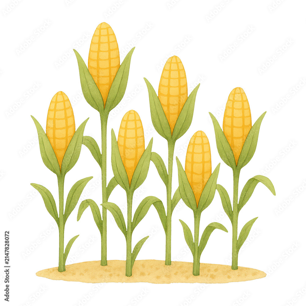 Obraz premium PNG Illustrated corn plants on soil.