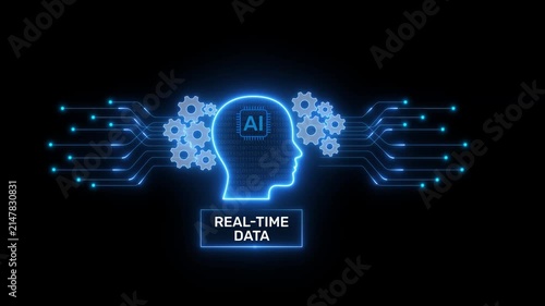 Real-time data intelligence powered by AI with connected analytics, live information processing and futuristic digital technology on dark background transparent background 4k visuals