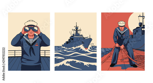 Retro Naval Operations Sailor and Warship Vector Set