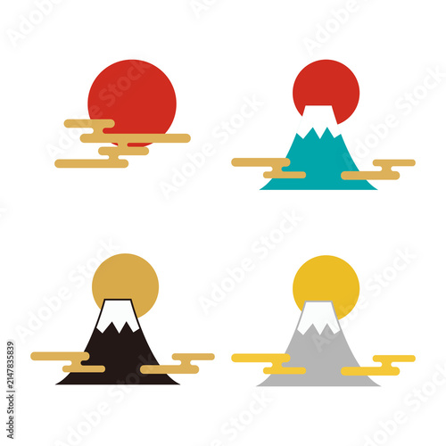 初日の出と富士山のシンプルなお正月アイコンセット 