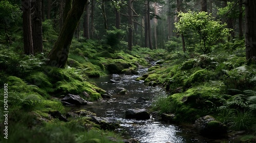 A serene forest stream flows gently through a lush green woodland filled with moss covered rocks and tall trees