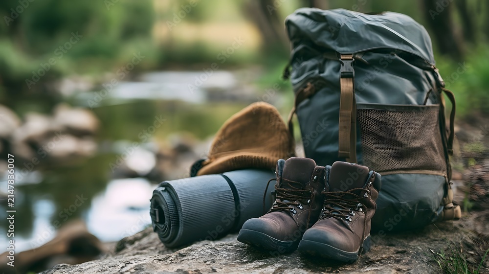 Fototapeta premium Outdoor camping gear including boots backpack sleeping pad and beanie resting on a rock near a stream