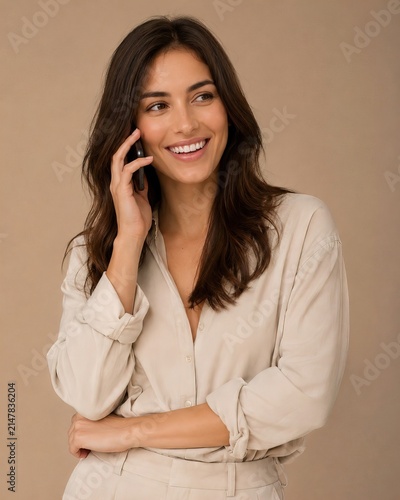 attractive young woman talking on a telephone