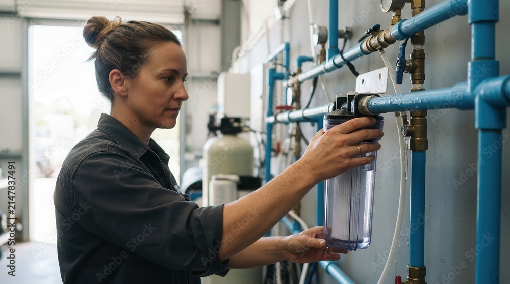 Fototapeta premium Technician Carefully Inspecting and Maintaining a Water Filtration System within an Industrial Facility