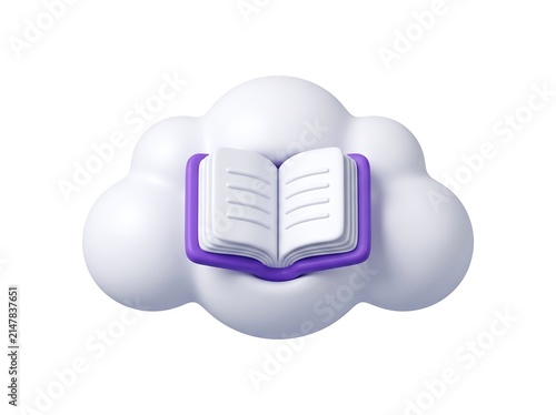 3D cloud storage symbol with open book icon education learning knowledge database information