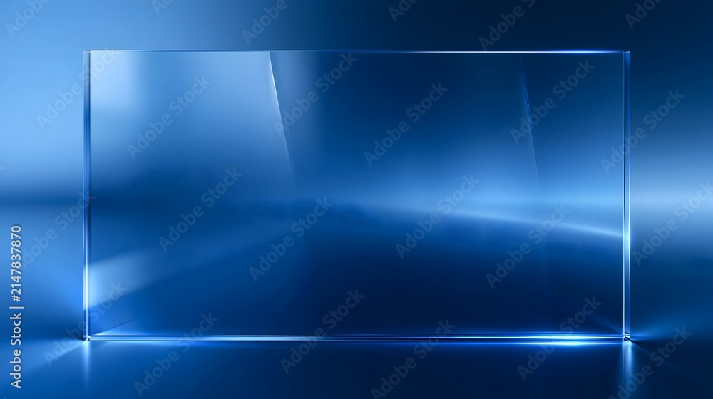 Obraz premium Dark blue corporate background template featuring transparent glass frame panel. Professional 3D glassmorphism graphic for product presentation hero banner wallpaper design.