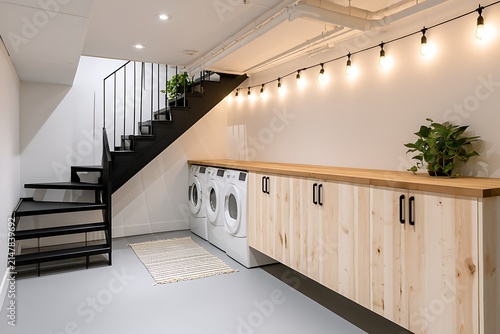 Modern basement laundry room with natural wood cabinets, white appliances, string lights, and a black metal staircase