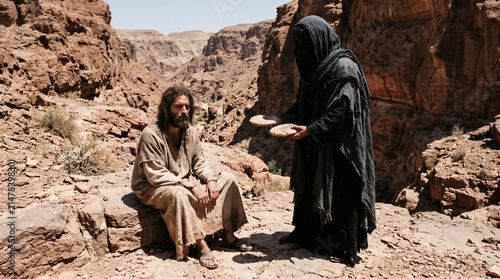 Jesus being tempted in the wilderness. Satan appearing as a shadowy figure, offering stones to be turned into bread