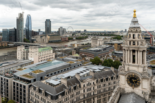 Panorama of London mix of historic and modern architecture, captured from the dome of St Paul Cathedral on a cloudy day
