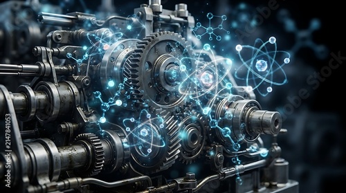 Intricate mechanical engine with glowing atomic structures and molecular connections, representing advanced technology and scientific innovation in engineering