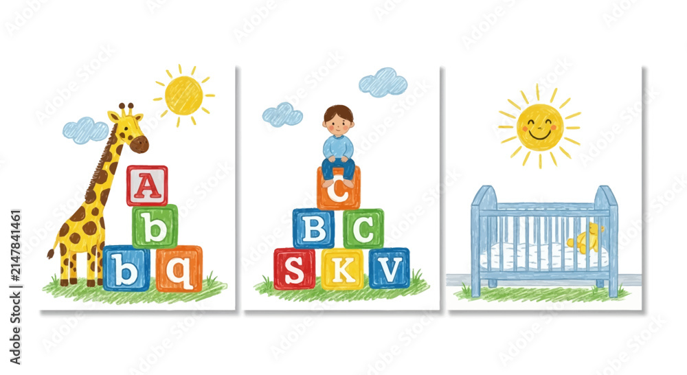 Naklejka premium Nursery Wall Art Set with Giraffe Boy and ABC Building Blocks