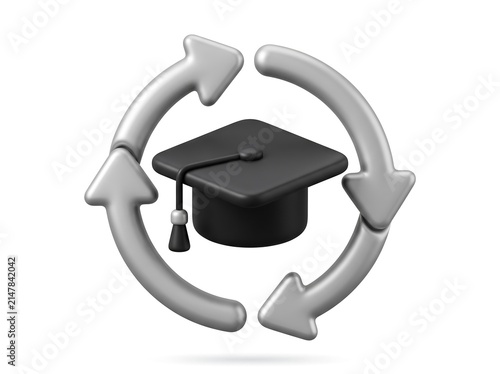 3D graduation cap encircled by refresh arrows with 3D render yellow tassel education icon
