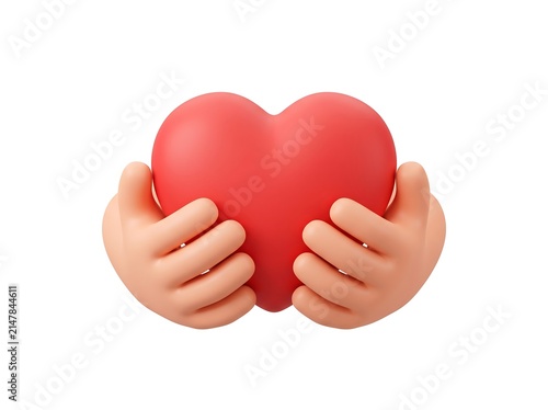 3D cartoon hands holding a red heart shape, love and care concept illustration, clean isolated