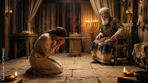 Hannah praying silently in the tabernacle with moving lips and no sound, while Eli the priest watches her suspiciously