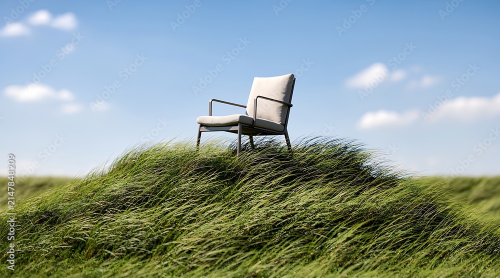 Fototapeta premium Lone armchair sits on a grassy hill under a cloudy sky.