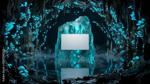 Bioluminescent Mushroom Cave with Crystal Podium and Blank Canvas for Magic Product Display Poster