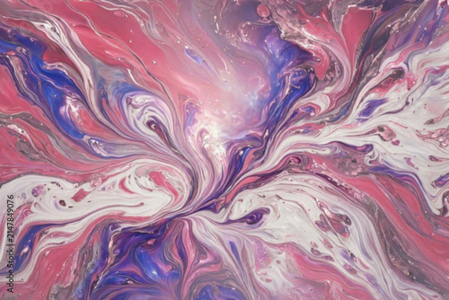 Vibrant abstract swirl of pink, purple, and white tones with fluid marbled textures, creating dynamic motion and depth in a modern artistic style.