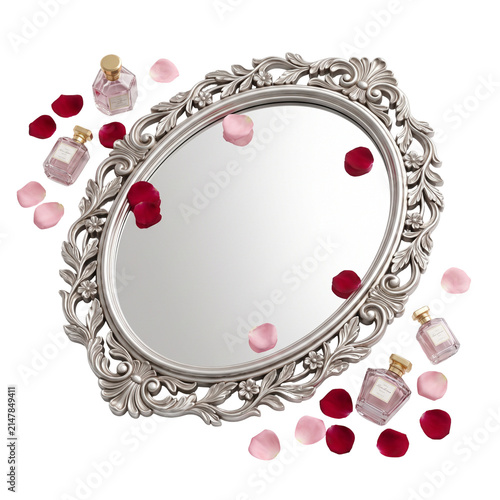 Vintage oval mirror rests among delicate glass perfume bottles and red rose petals on a bright background.