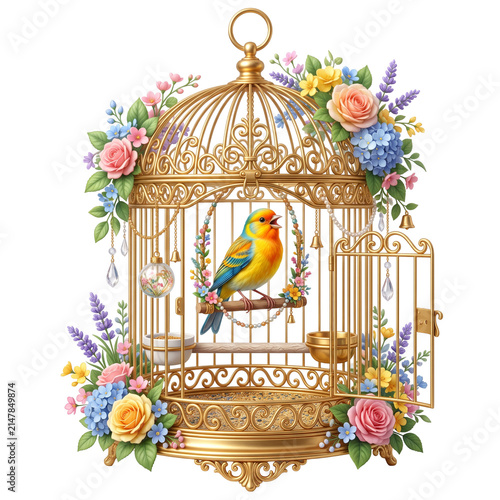 Canary bird singing inside an ornate golden birdcage decorated with colorful spring flowers over a plain white background.