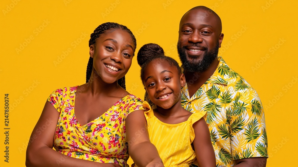 Fototapeta premium Joyful African American Family Posing Together with Bright Smiles on a Vibrant Yellow Background