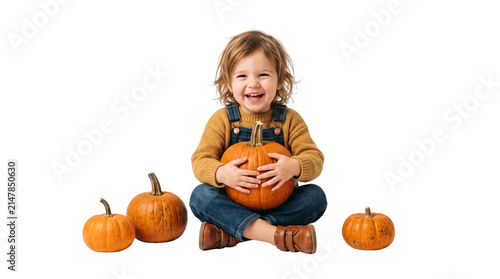 Happy toddler boy holding orange pumpkin on white background, cheerful child in denim overalls with autumn harvest, seasonal fall portrait of smiling kid
