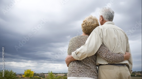 Back view of elderly couple embracing outdoors, loving senior partners looking into distance, happy elderly life photo with copy space