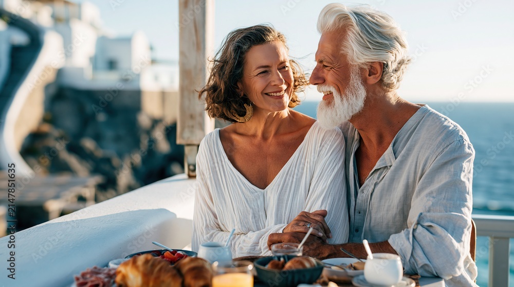 Obraz premium Happy senior couple enjoying a romantic breakfast with stunning ocean view at a sunny Mediterranean resort