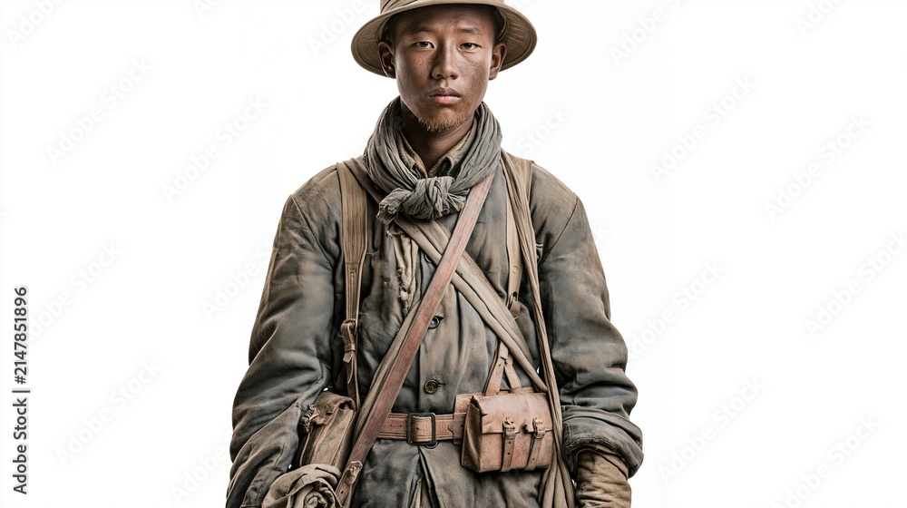 Obraz premium Young Asian soldier in historic military uniform with hat and scarf, portrait studio shot