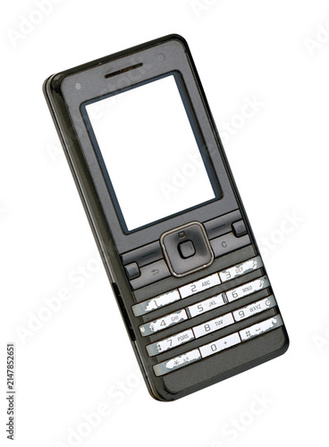 Obraz na płótnie Classic mobile phone from the early 2000s with white screen isolated on white background