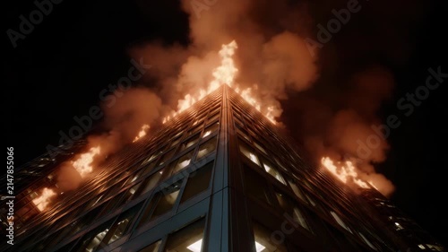 Skyscraper Inferno at Night with Intense Flames and Smoke Billowing