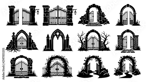 Set of gothic gates and stone arches with iron fences vector illustration