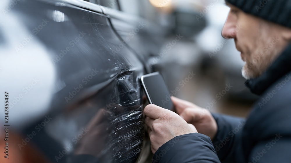 Obraz premium Man Inspecting Damaged Car Door with Scratches and Dent, Assessing Vehicle Repair Needs